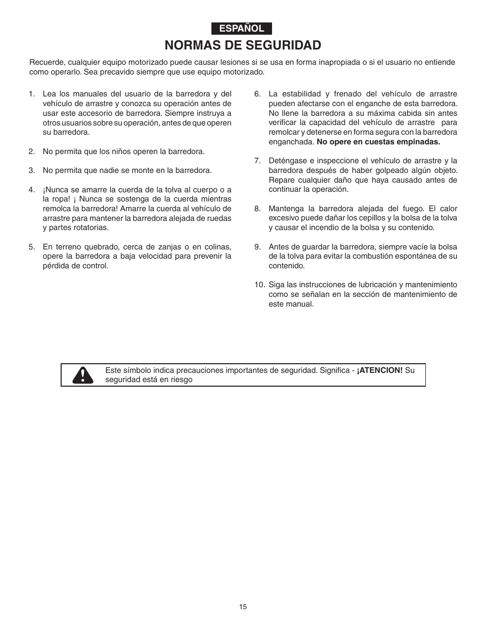 Normas de seguridad | Agri-Fab 45-03201 User Manual | Page 15 / 28