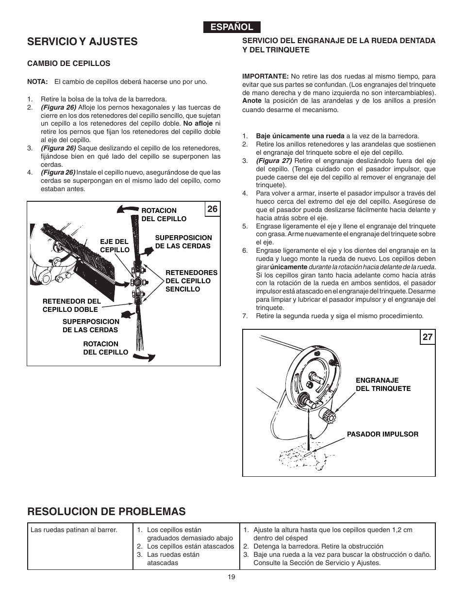 Servicio y ajustes, Resolucion de problemas, Español | Agri-Fab 45-03201 User Manual | Page 19 / 28