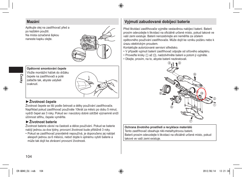 Mazání, Vyjmutí zabudované dobíjecí baterie | Panasonic ERGB40 User Manual | Page 104 / 140