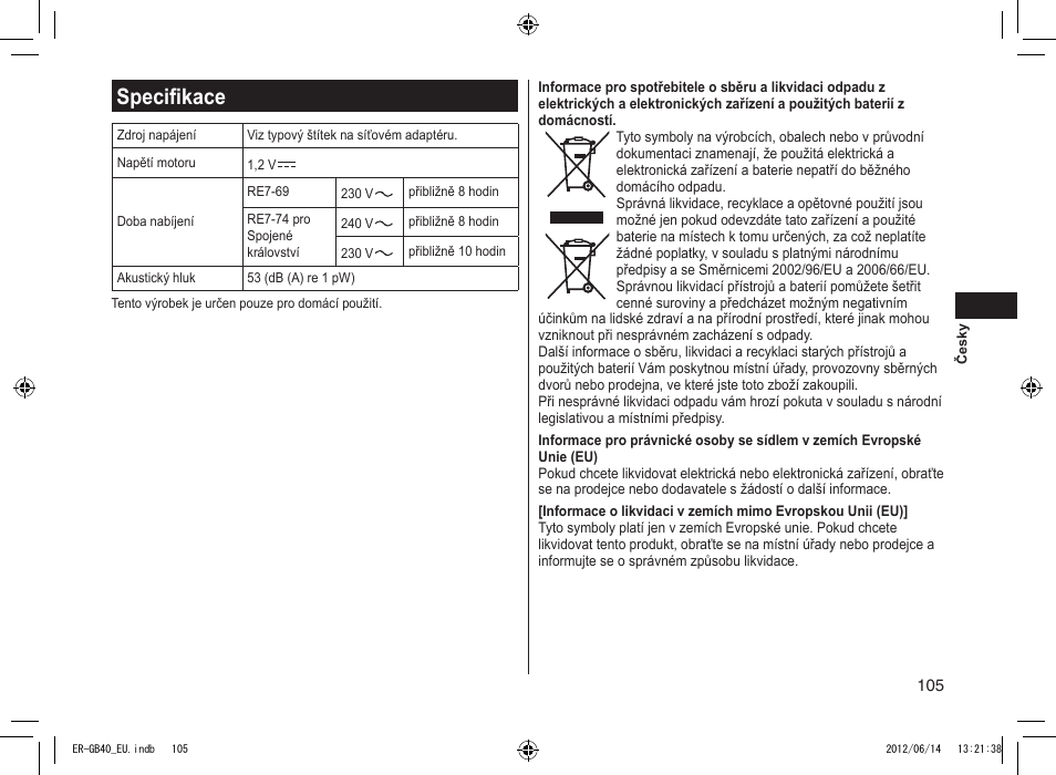 Specifikace | Panasonic ERGB40 User Manual | Page 105 / 140