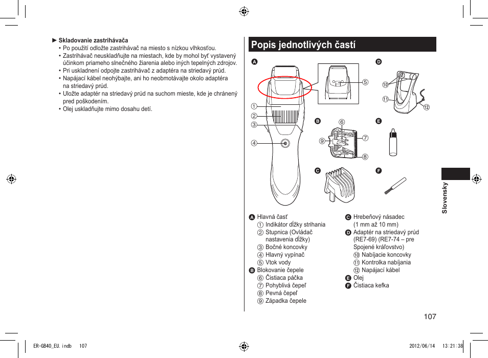 Popis jednotlivých častí | Panasonic ERGB40 User Manual | Page 107 / 140