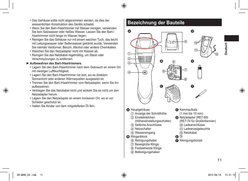 Bezeichnung der bauteile | Panasonic ERGB40 User Manual | Page 11 / 140