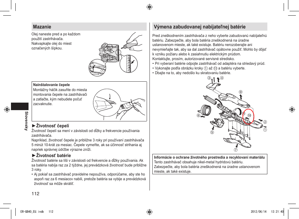 Mazanie, Výmena zabudovanej nabíjateľnej batérie | Panasonic ERGB40 User Manual | Page 112 / 140