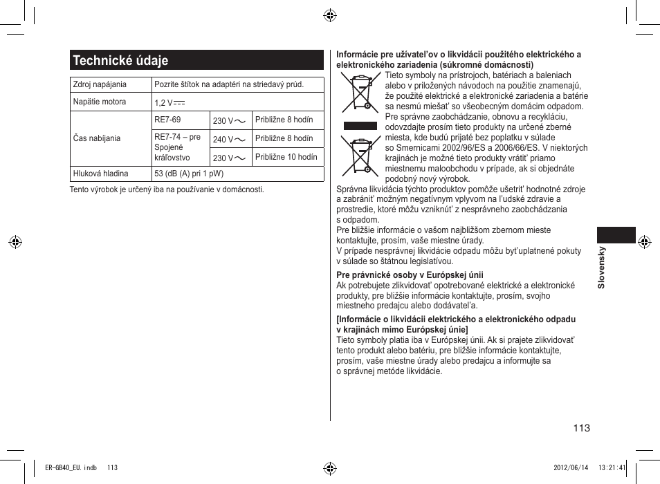 Technické údaje | Panasonic ERGB40 User Manual | Page 113 / 140