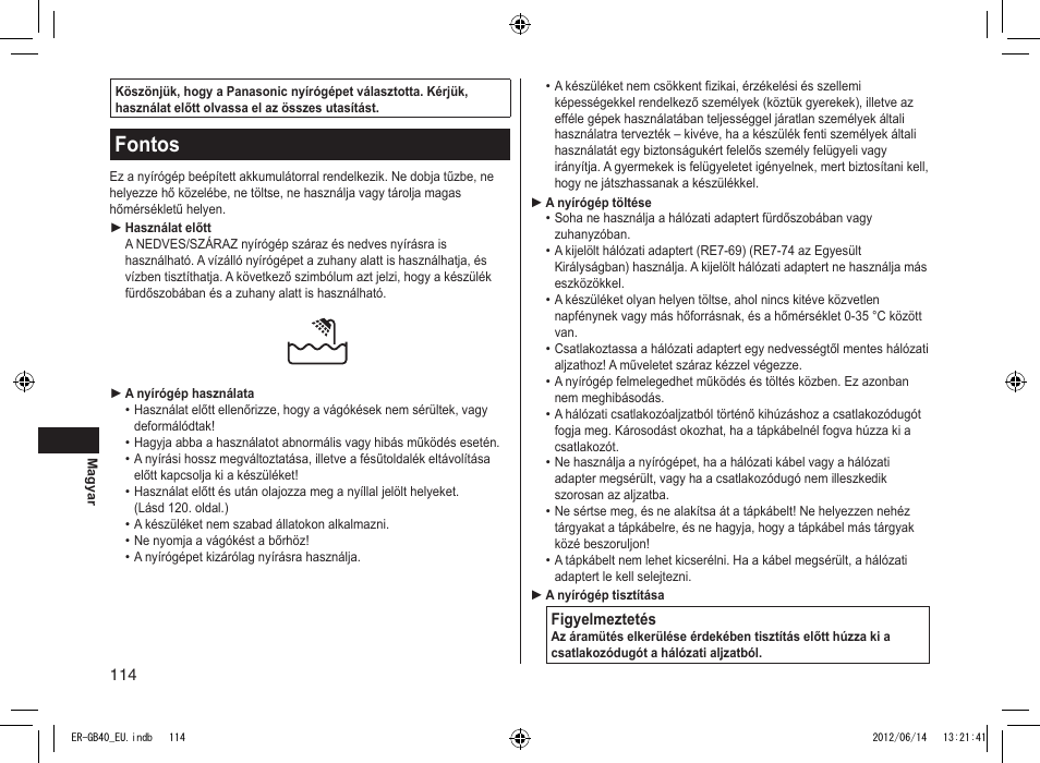 Fontos | Panasonic ERGB40 User Manual | Page 114 / 140