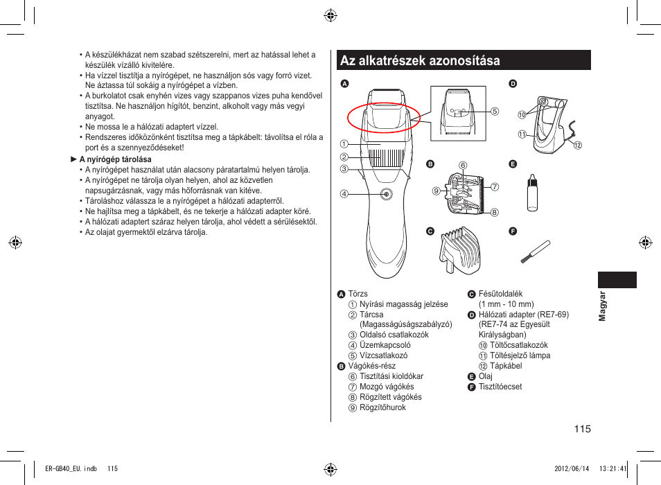 Az alkatrészek azonosítása | Panasonic ERGB40 User Manual | Page 115 / 140