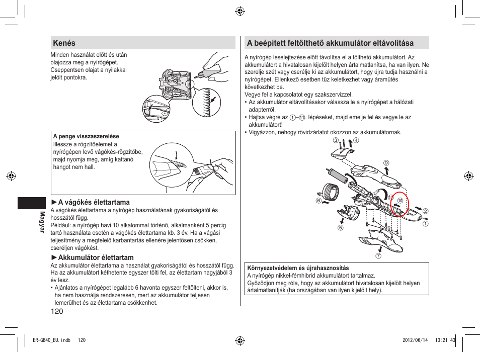 Kenés, A beépített feltölthető akkumulátor eltávolítása | Panasonic ERGB40 User Manual | Page 120 / 140