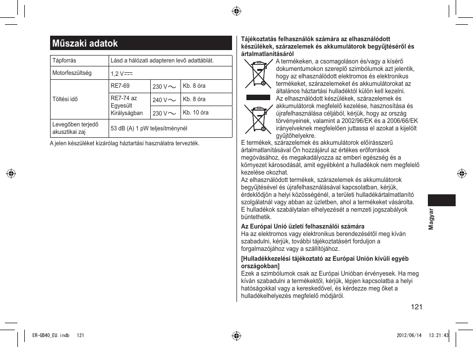 Műszaki adatok | Panasonic ERGB40 User Manual | Page 121 / 140