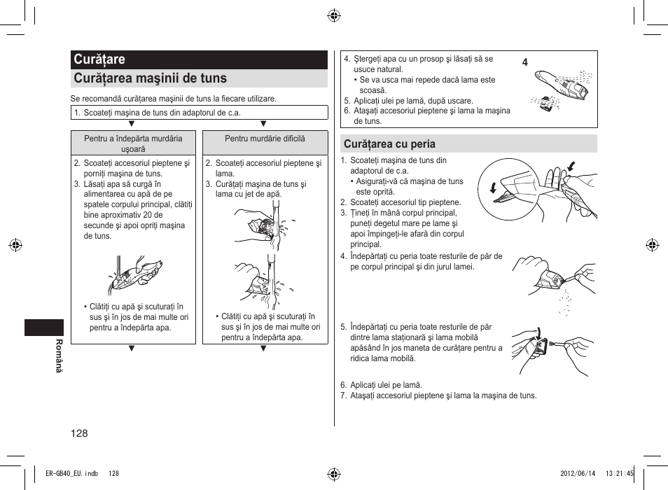 Curăţare curăţarea maşinii de tuns, Curăţarea cu peria | Panasonic ERGB40 User Manual | Page 128 / 140