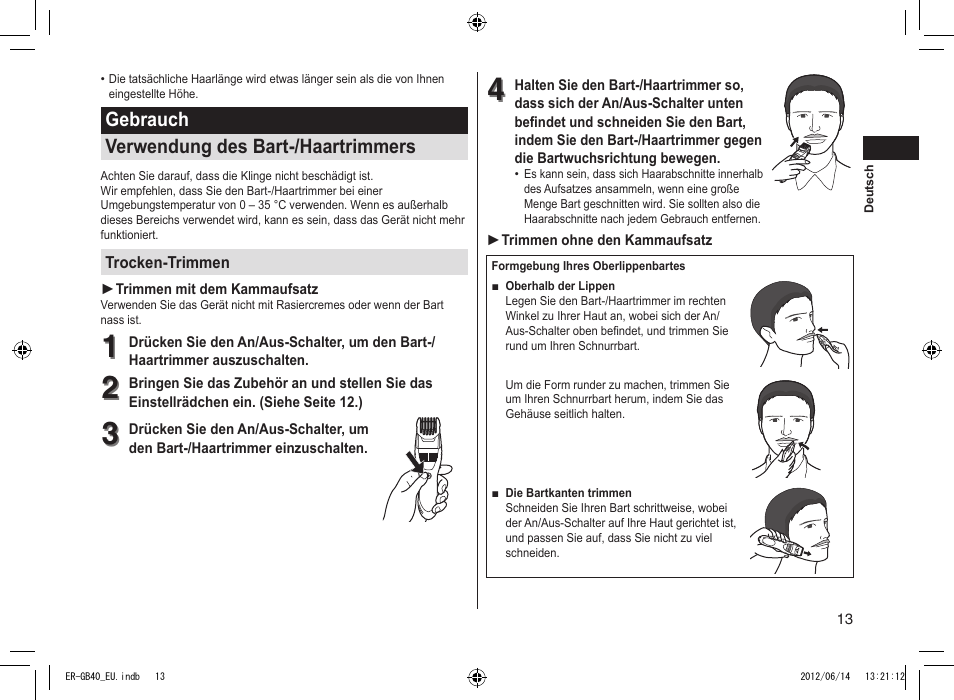 Gebrauch verwendung des bart-/haartrimmers | Panasonic ERGB40 User Manual | Page 13 / 140