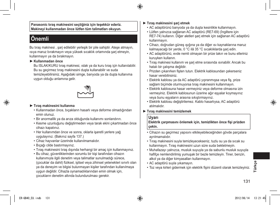 Önemli | Panasonic ERGB40 User Manual | Page 131 / 140