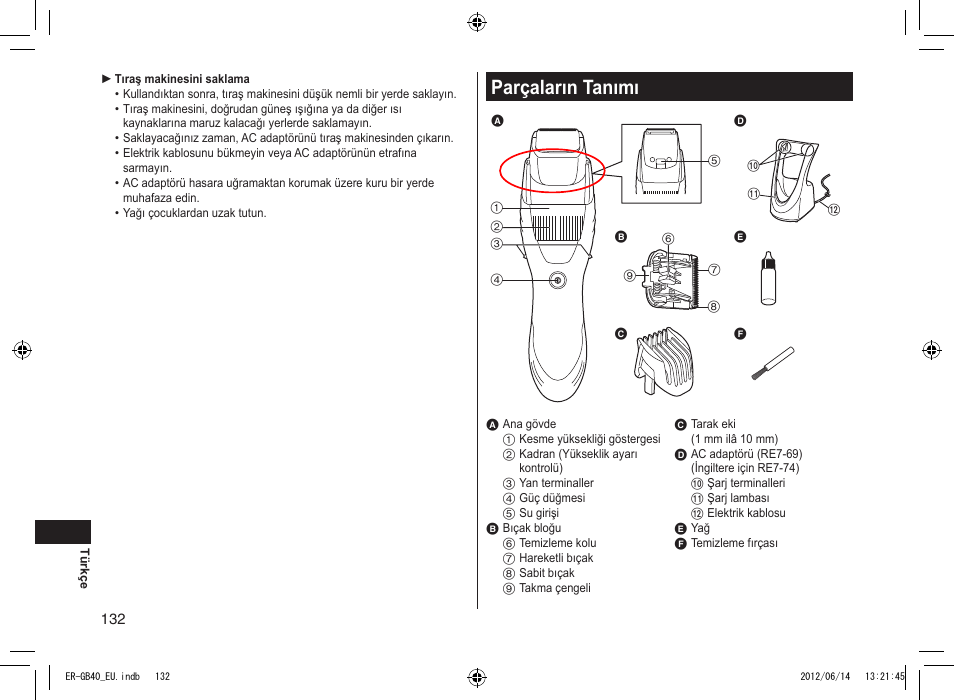 Parçaların tanımı | Panasonic ERGB40 User Manual | Page 132 / 140