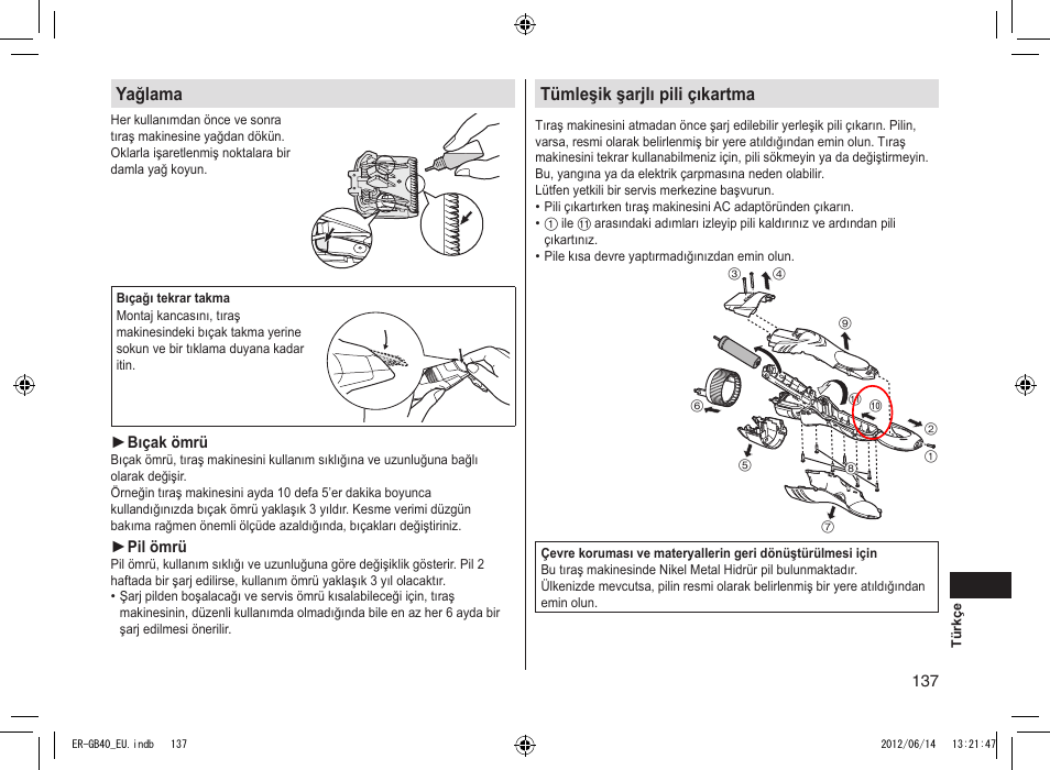 Yağlama, Tümleşik şarjlı pili çıkartma | Panasonic ERGB40 User Manual | Page 137 / 140
