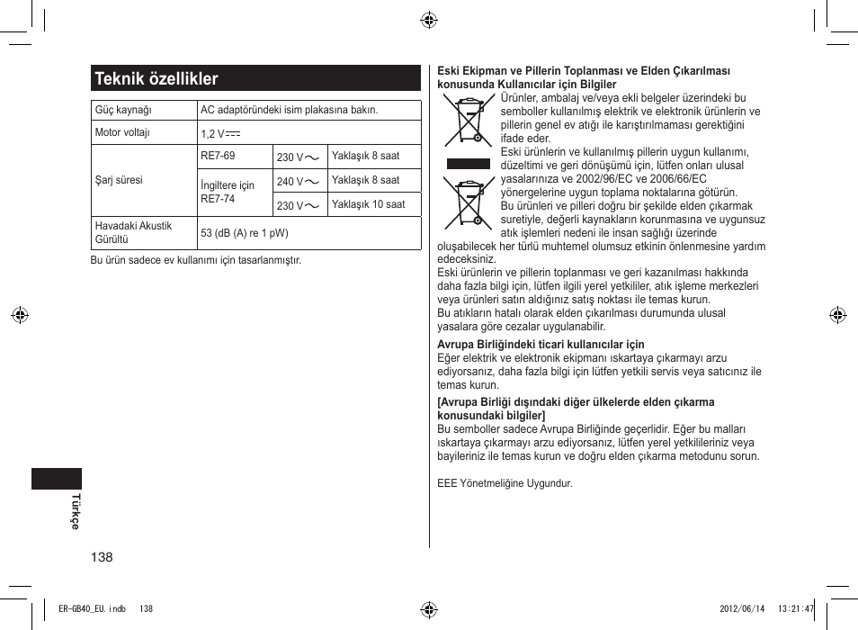 Teknik özellikler | Panasonic ERGB40 User Manual | Page 138 / 140