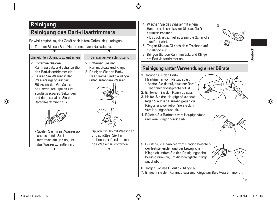 Reinigung reinigung des bart-/haartrimmers, Reinigung unter verwendung einer bürste | Panasonic ERGB40 User Manual | Page 15 / 140