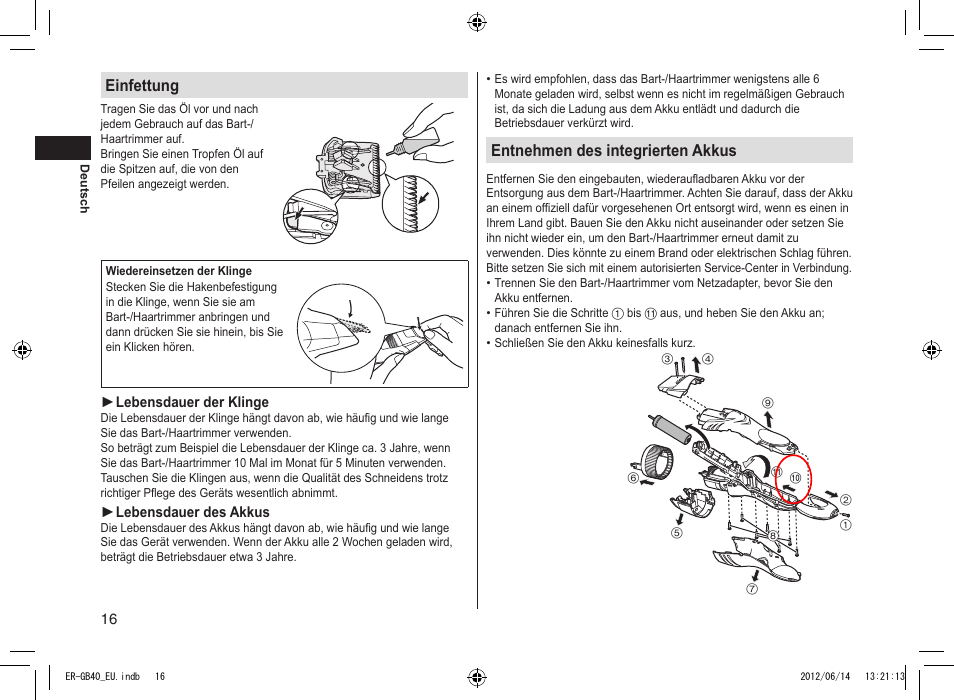 Einfettung, Entnehmen des integrierten akkus | Panasonic ERGB40 User Manual | Page 16 / 140