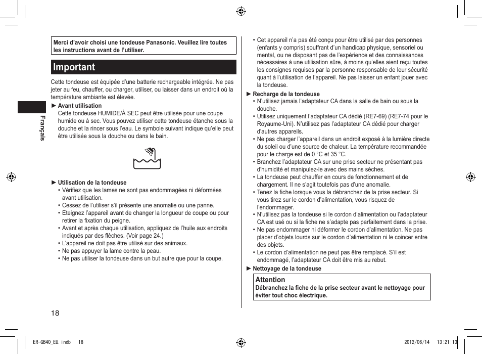 Important | Panasonic ERGB40 User Manual | Page 18 / 140