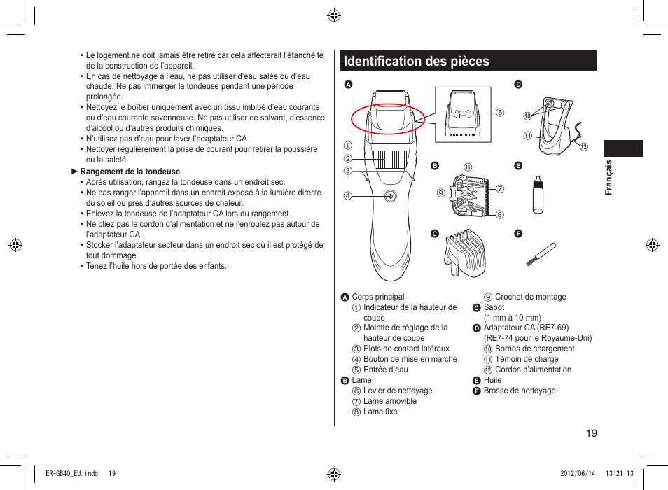 Identification des pièces | Panasonic ERGB40 User Manual | Page 19 / 140