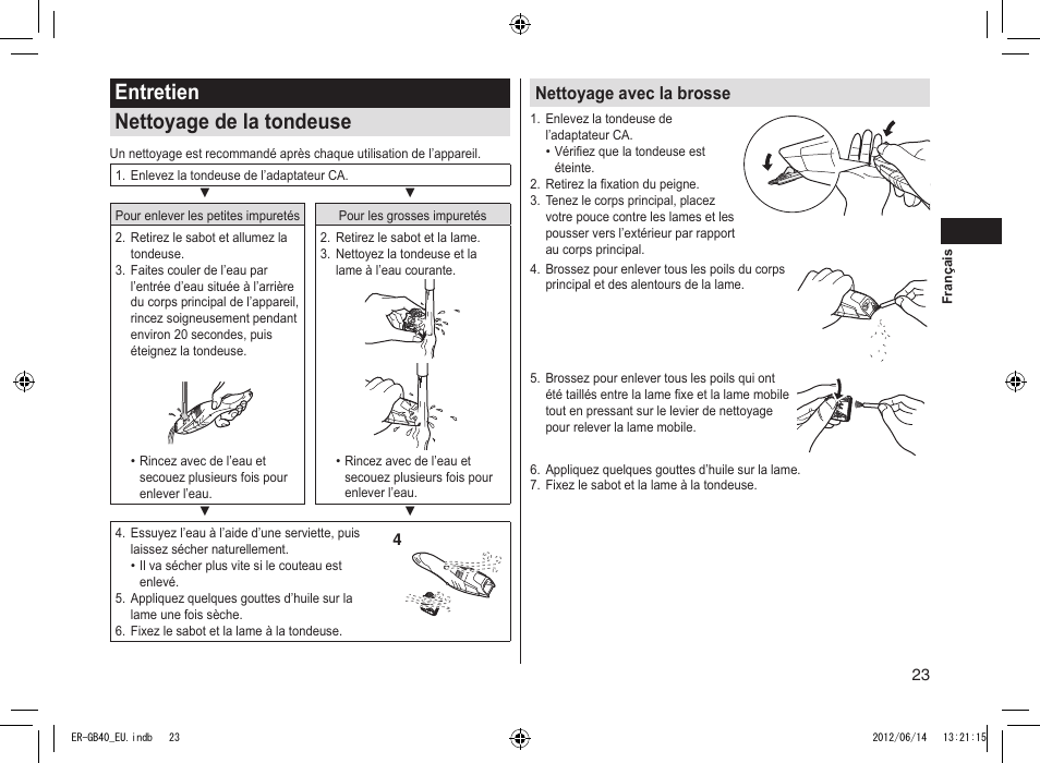 Entretien nettoyage de la tondeuse, Nettoyage avec la brosse | Panasonic ERGB40 User Manual | Page 23 / 140