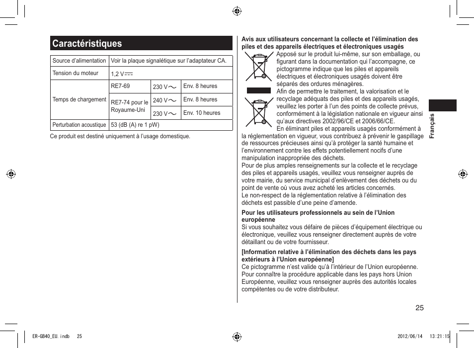 Caractéristiques | Panasonic ERGB40 User Manual | Page 25 / 140