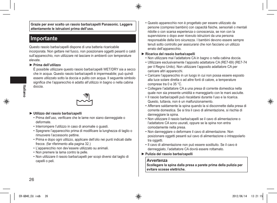 Importante | Panasonic ERGB40 User Manual | Page 26 / 140