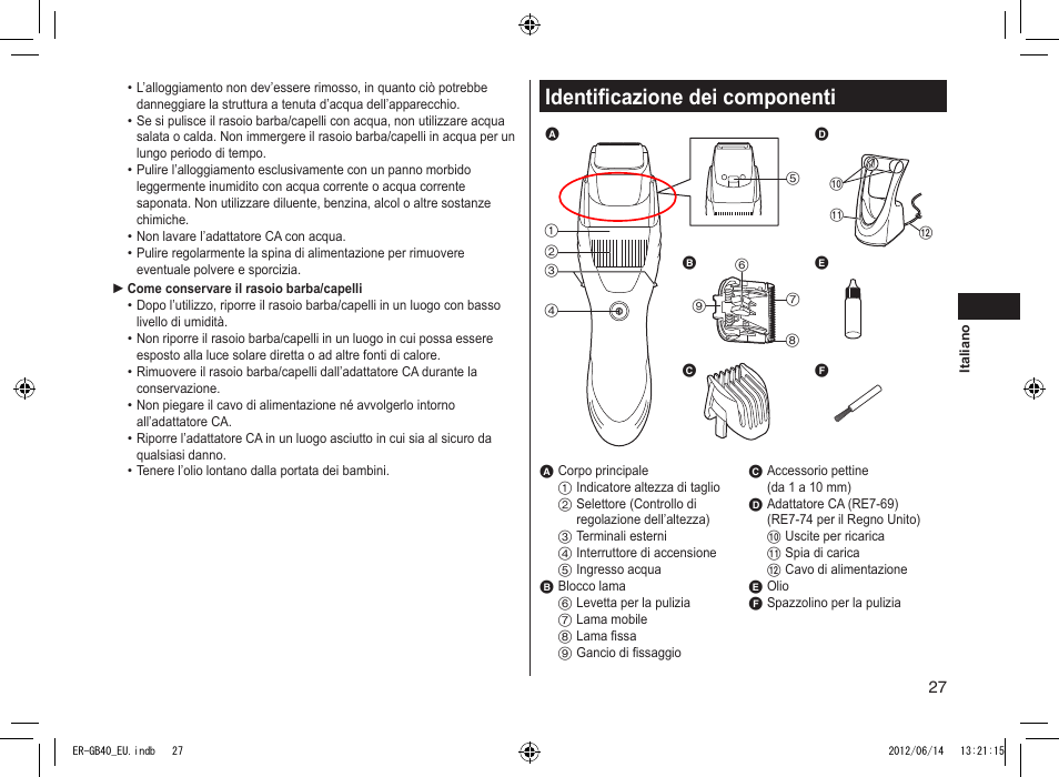 Identificazione dei componenti | Panasonic ERGB40 User Manual | Page 27 / 140