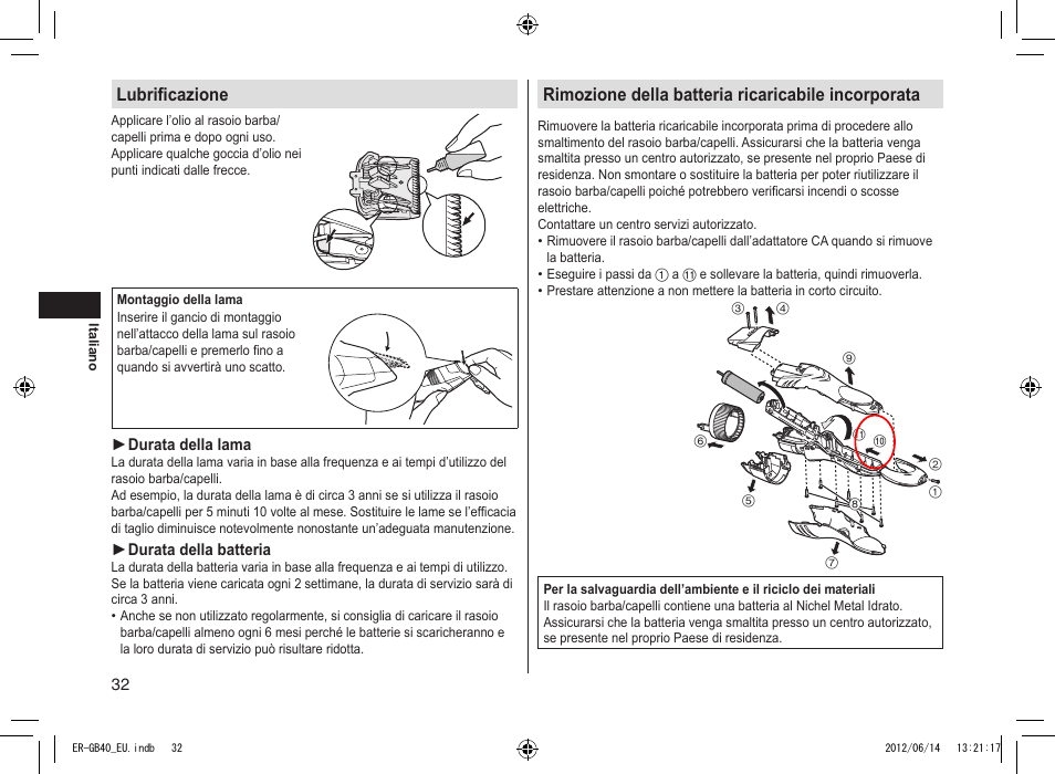 Lubrificazione, Rimozione della batteria ricaricabile incorporata | Panasonic ERGB40 User Manual | Page 32 / 140