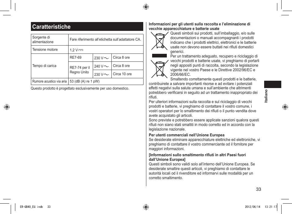 Caratteristiche | Panasonic ERGB40 User Manual | Page 33 / 140