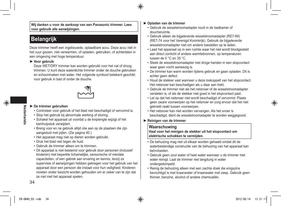 Belangrijk | Panasonic ERGB40 User Manual | Page 34 / 140