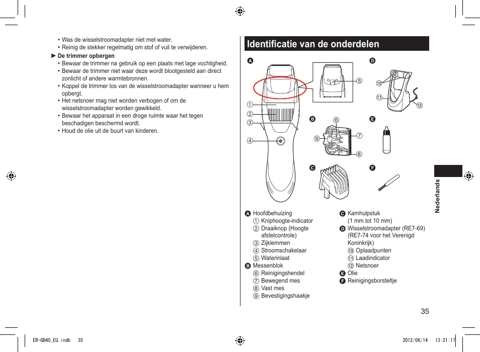 Identificatie van de onderdelen | Panasonic ERGB40 User Manual | Page 35 / 140