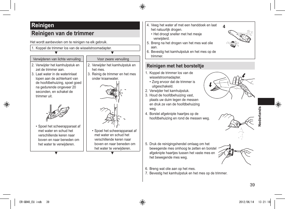 Reinigen reinigen van de trimmer, Reinigen met het borsteltje | Panasonic ERGB40 User Manual | Page 39 / 140
