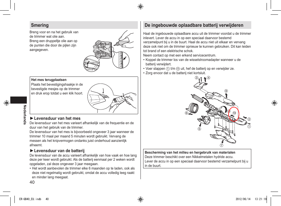 Smering, De ingebouwde oplaadbare batterij verwijderen | Panasonic ERGB40 User Manual | Page 40 / 140