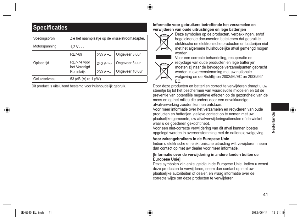 Specificaties | Panasonic ERGB40 User Manual | Page 41 / 140
