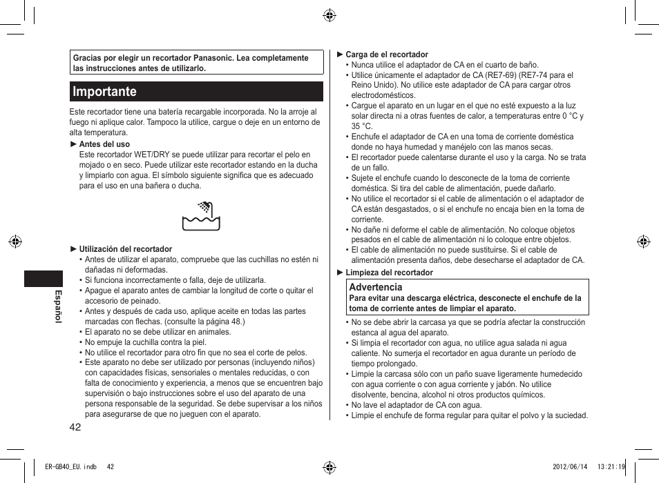 Importante | Panasonic ERGB40 User Manual | Page 42 / 140