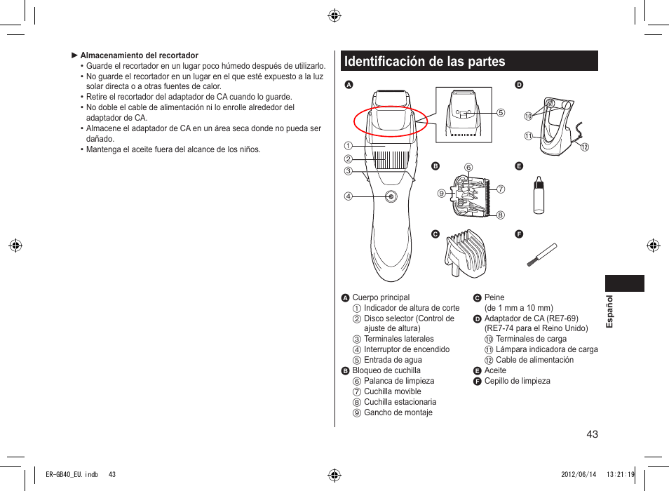 Identificación de las partes | Panasonic ERGB40 User Manual | Page 43 / 140