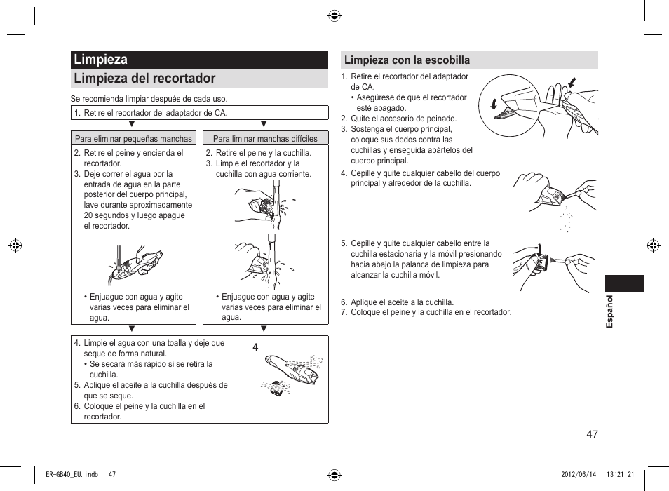 Limpieza limpieza del recortador, Limpieza con la escobilla | Panasonic ERGB40 User Manual | Page 47 / 140