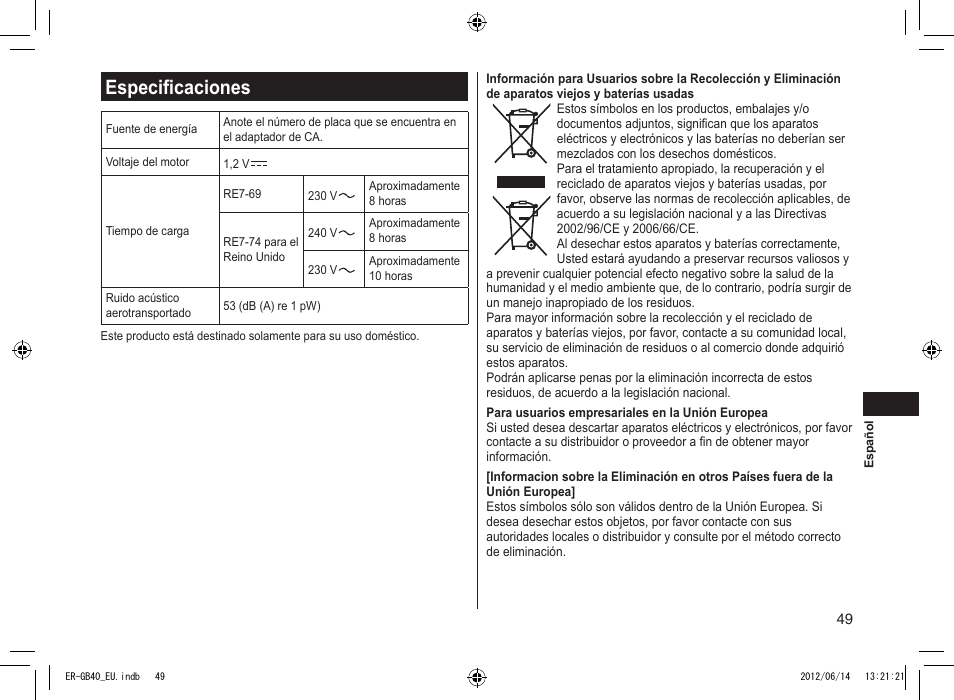 Especificaciones | Panasonic ERGB40 User Manual | Page 49 / 140