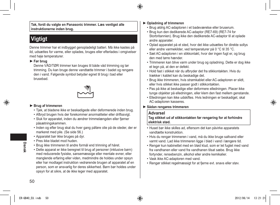 Vigtigt | Panasonic ERGB40 User Manual | Page 50 / 140