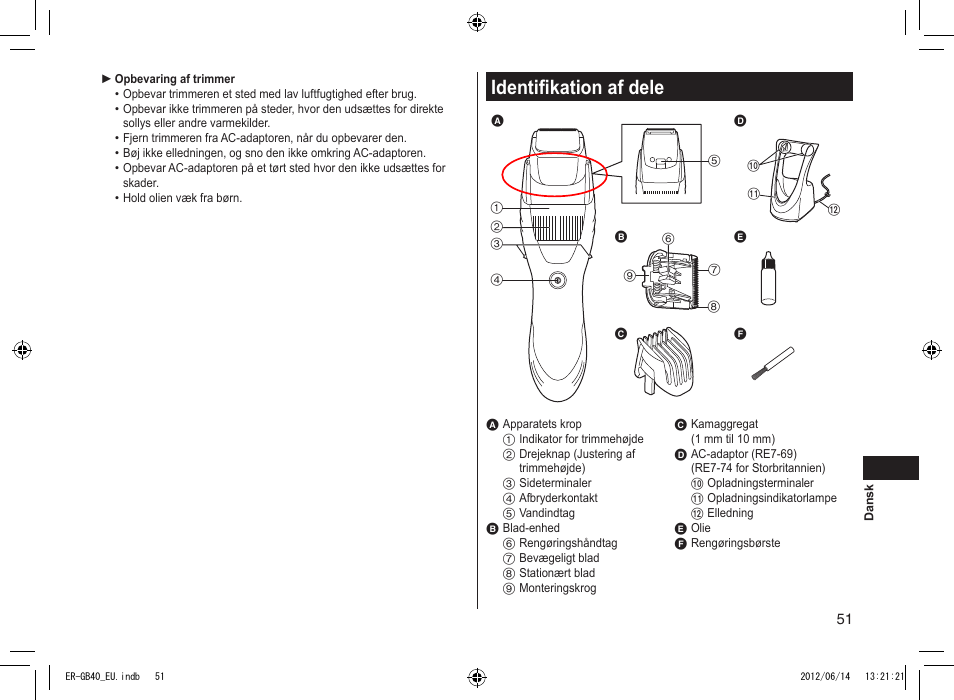 Identifikation af dele | Panasonic ERGB40 User Manual | Page 51 / 140