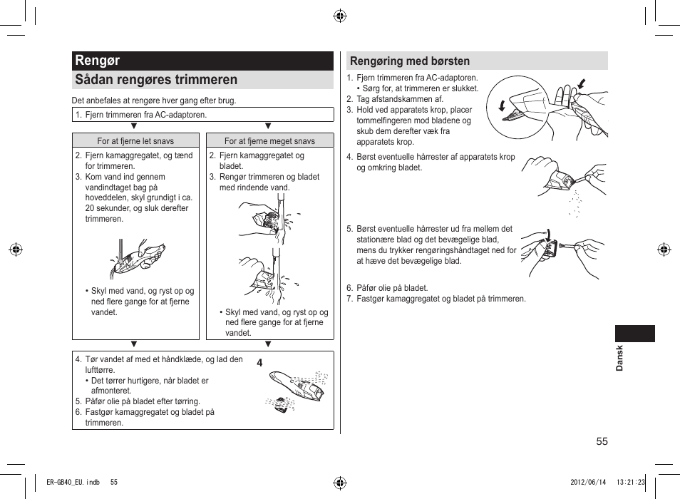 Rengør sådan rengøres trimmeren, Rengøring med børsten | Panasonic ERGB40 User Manual | Page 55 / 140