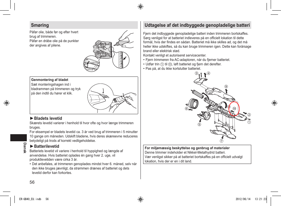Smøring, Udtagelse af det indbyggede genopladelige batteri | Panasonic ERGB40 User Manual | Page 56 / 140