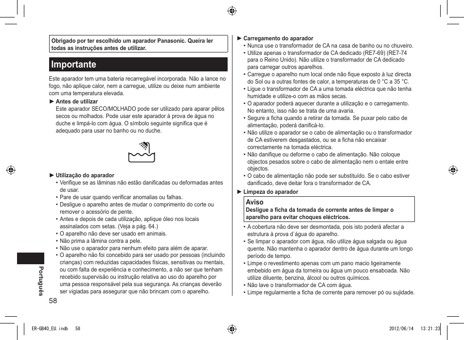 Importante | Panasonic ERGB40 User Manual | Page 58 / 140