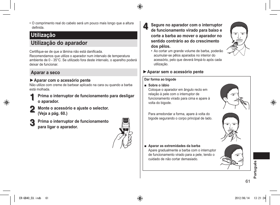 Utilização utilização do aparador | Panasonic ERGB40 User Manual | Page 61 / 140