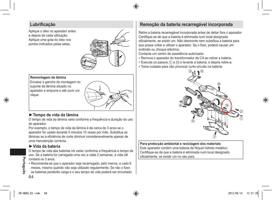 Lubrificação, Remoção da bateria recarregável incorporada | Panasonic ERGB40 User Manual | Page 64 / 140