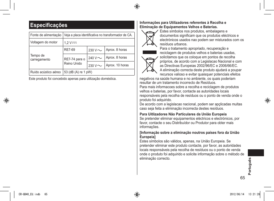 Especificações | Panasonic ERGB40 User Manual | Page 65 / 140