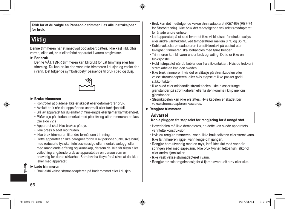 Viktig | Panasonic ERGB40 User Manual | Page 66 / 140