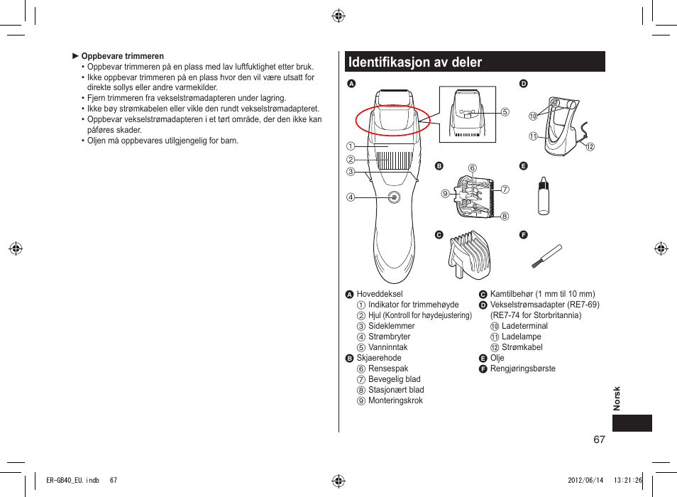 Identifikasjon av deler | Panasonic ERGB40 User Manual | Page 67 / 140