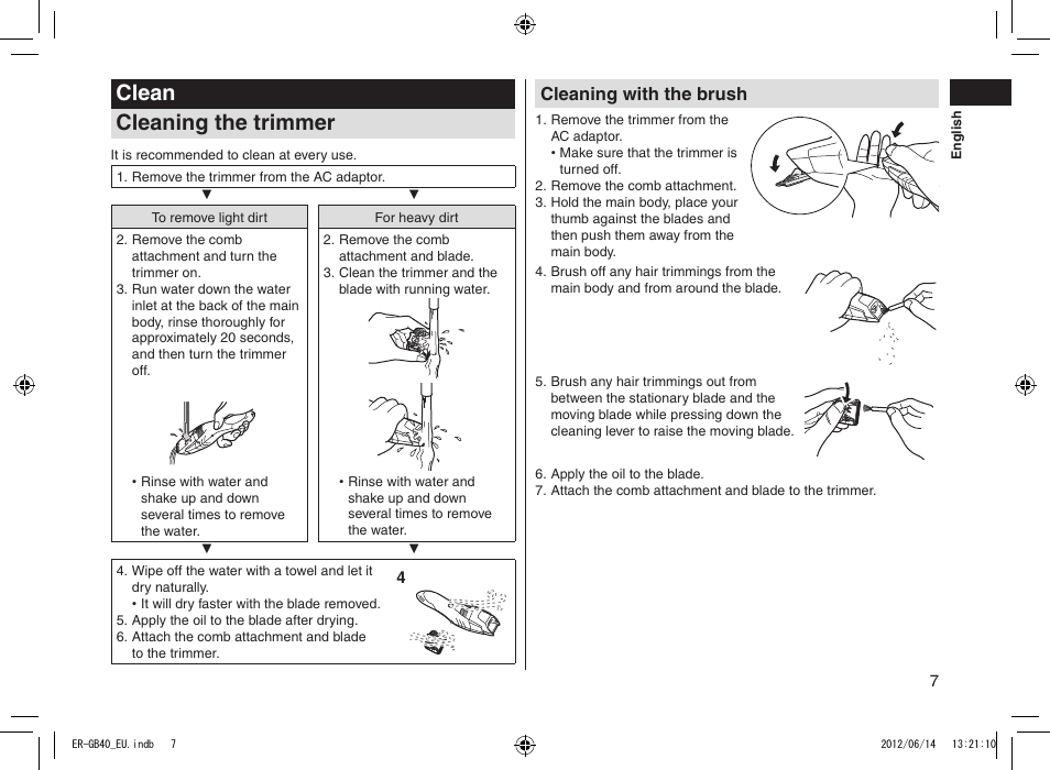 Clean cleaning the trimmer, Cleaning with the brush | Panasonic ERGB40 User Manual | Page 7 / 140