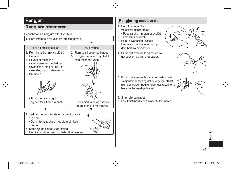 Rengjør rengjøre trimmeren, Rengjøring med børste | Panasonic ERGB40 User Manual | Page 71 / 140