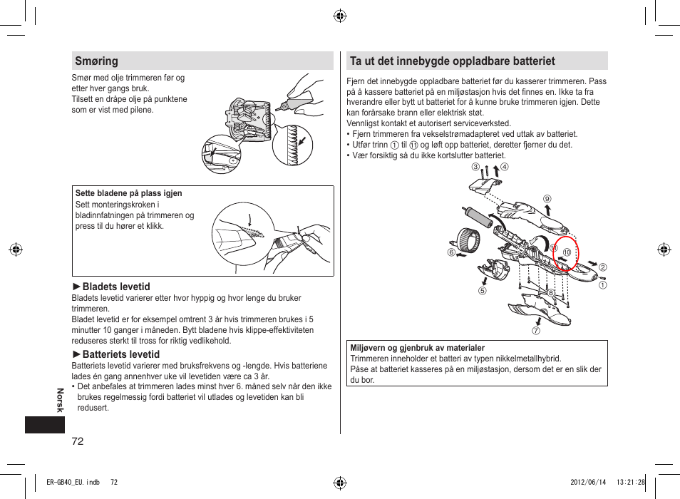 Smøring, Ta ut det innebygde oppladbare batteriet | Panasonic ERGB40 User Manual | Page 72 / 140